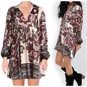 Free People Womens M Burgundy Boho Say You Love Me Long Sleeve Tunic Mini Dress
